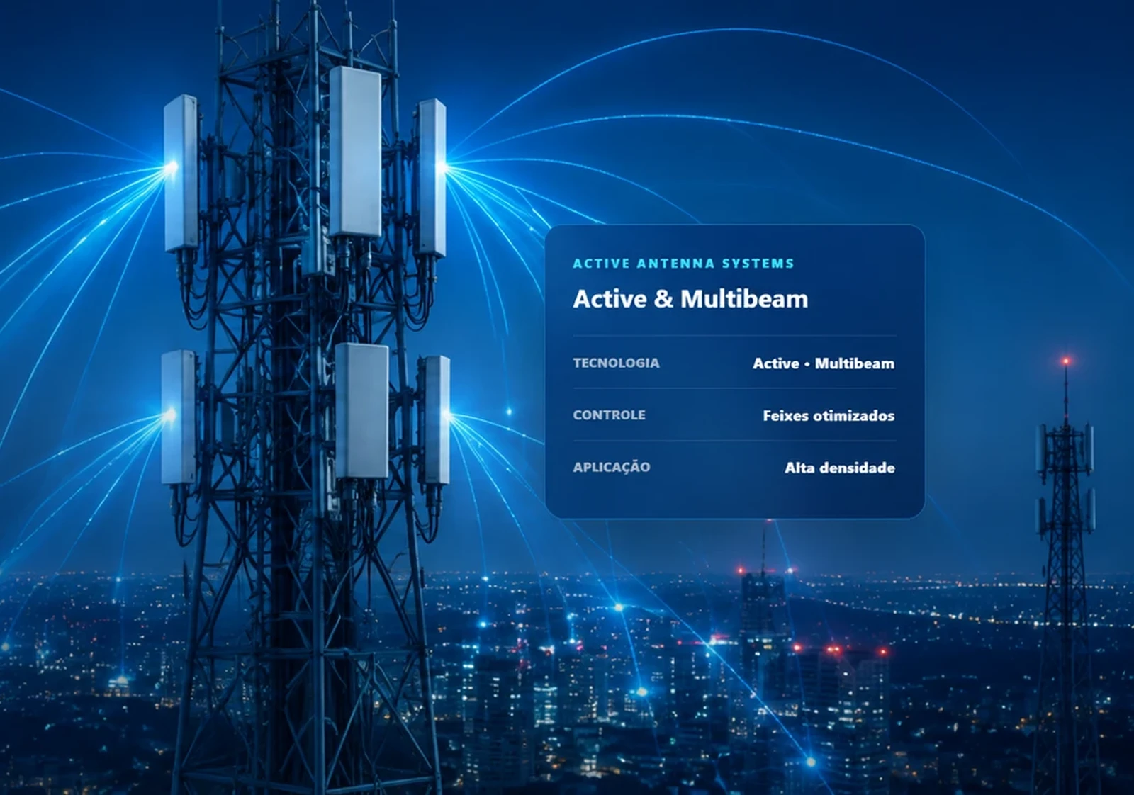 Torre de telecomunicações com painéis de antenas ativas irradiando múltiplos feixes sobre a cidade