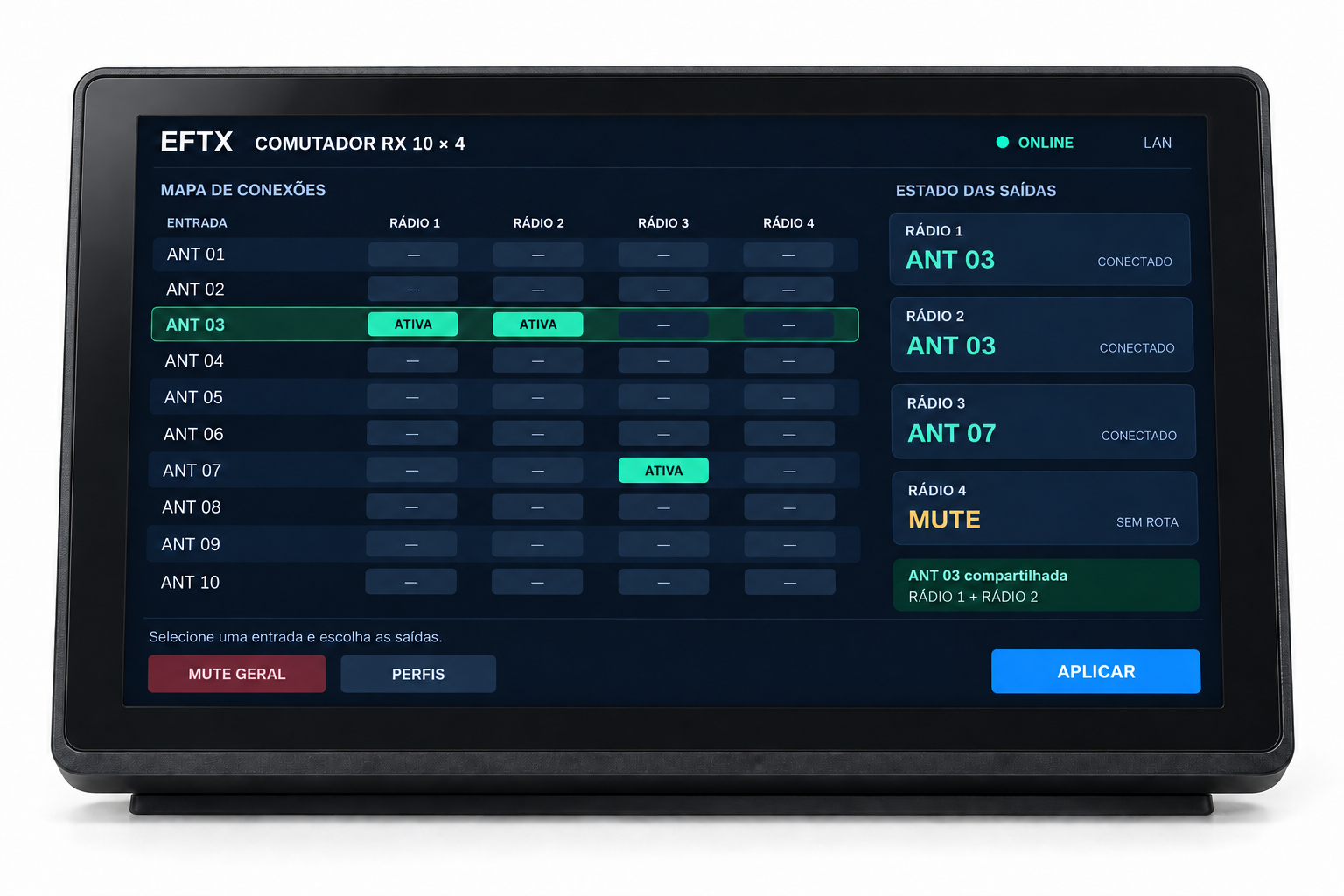 RX 10×4 — tela de controle externa e seleção das rotas