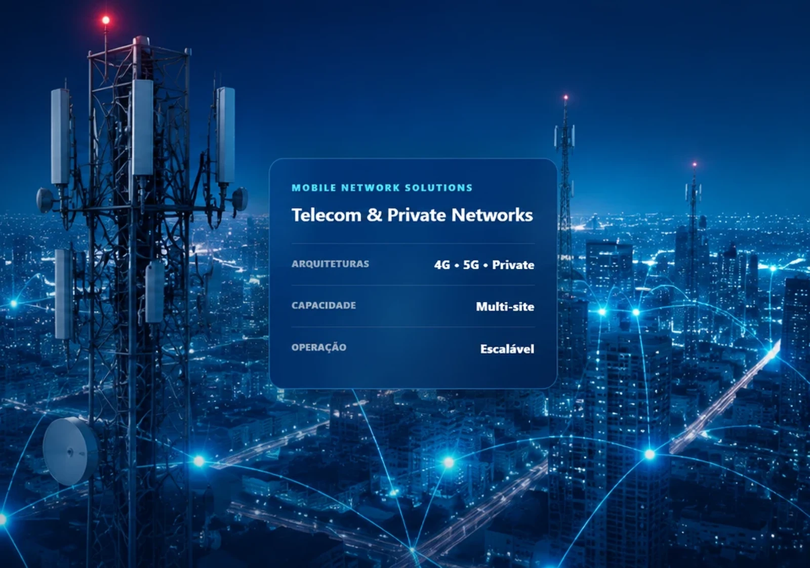 Torre de telecomunicações 4G/5G iluminada sobre skyline urbano à noite